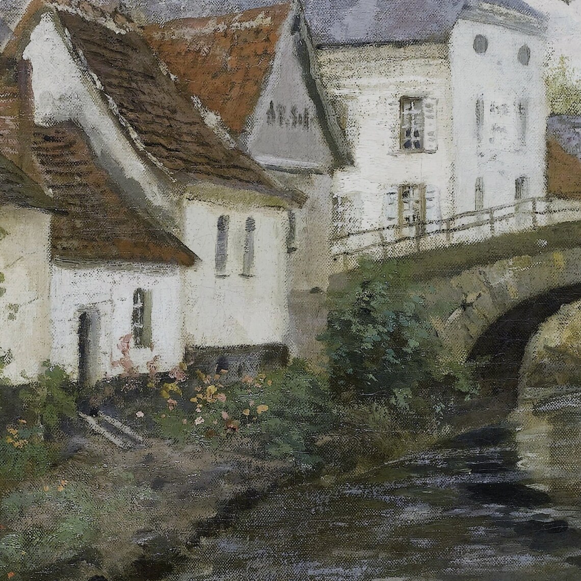 Old European Canal Village With Stone Bridge Painting Poster - Image 2