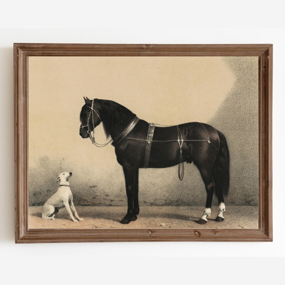 Horse And Dog Vintage Lithograph Animal Art Print
