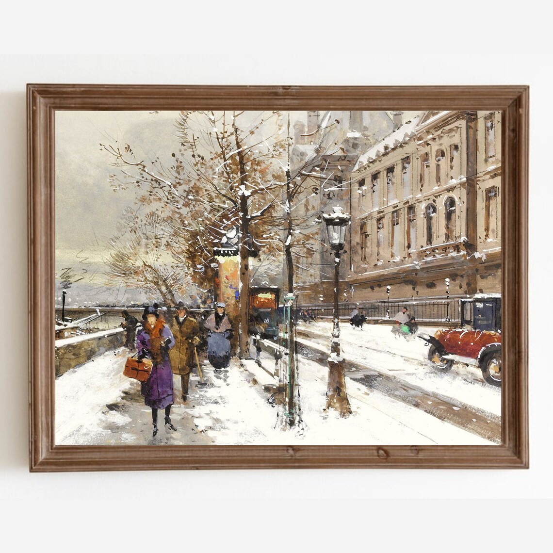Vintage Paris Snowy Winter Street Cityscape Painting Winter Art Poster