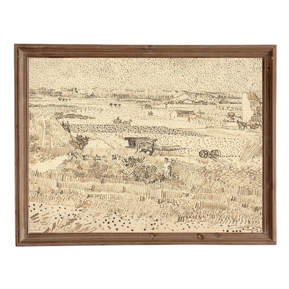 Van Gogh Sepia Ink Landscape Harvest Field Sketch Classical Art Poster