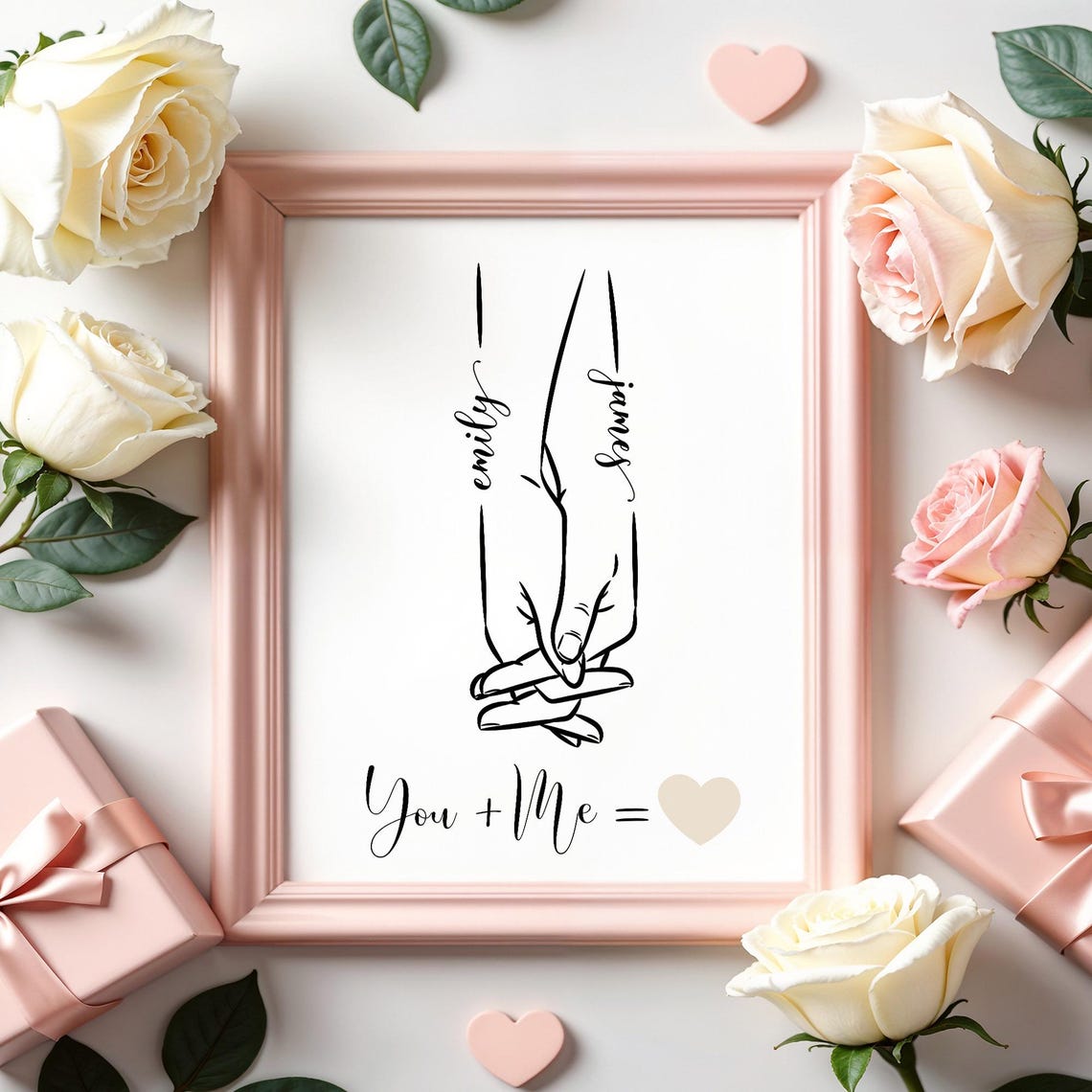You Plus Me Equals Heart Holding Hands Couple Custom Line Art Poster