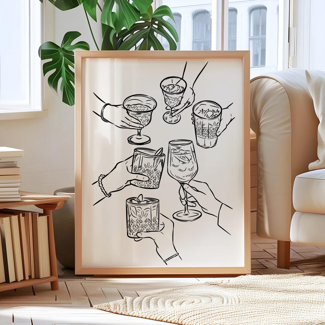 Cheers Toast Hands Line Art Print With Cocktail Glasses Decor