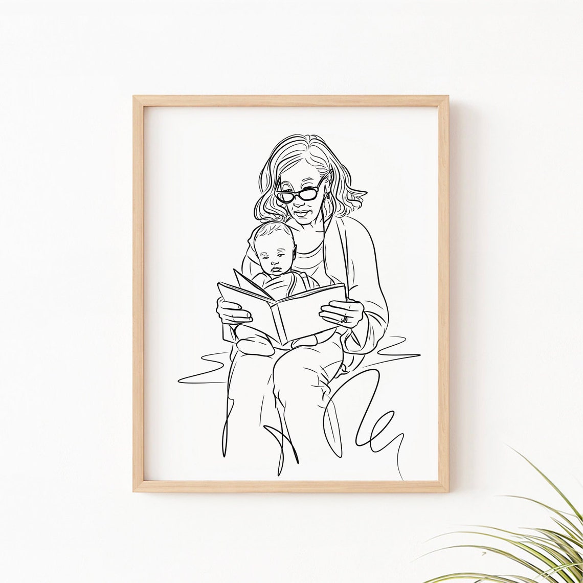 Grandma Reading to Baby Line Art Portrait Print Nursery Decor