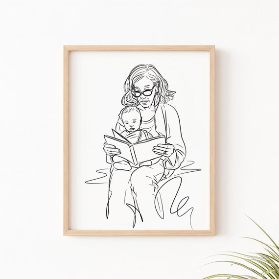 Custom Grandma Portrait Line Art For Nana Mom Unique Grandparents Gift Gift From Grandkids Sketch From Photo Memorial Artwork