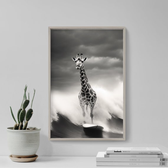 Animals Surfing Photograph Giraffe Art Print Poster Painting Museum Quality Giclee Home Wall Dcor