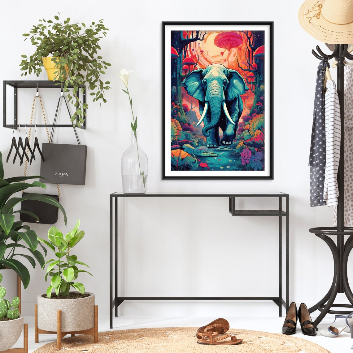 Psychedelic Teal Elephant Giant Mushroom Forest Trippy Art Poster - Image 2