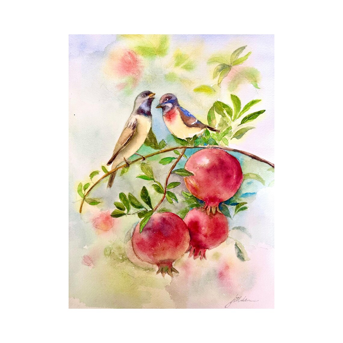 Two Songbirds Among Ripe Pomegranates Watercolor Orchard Poster