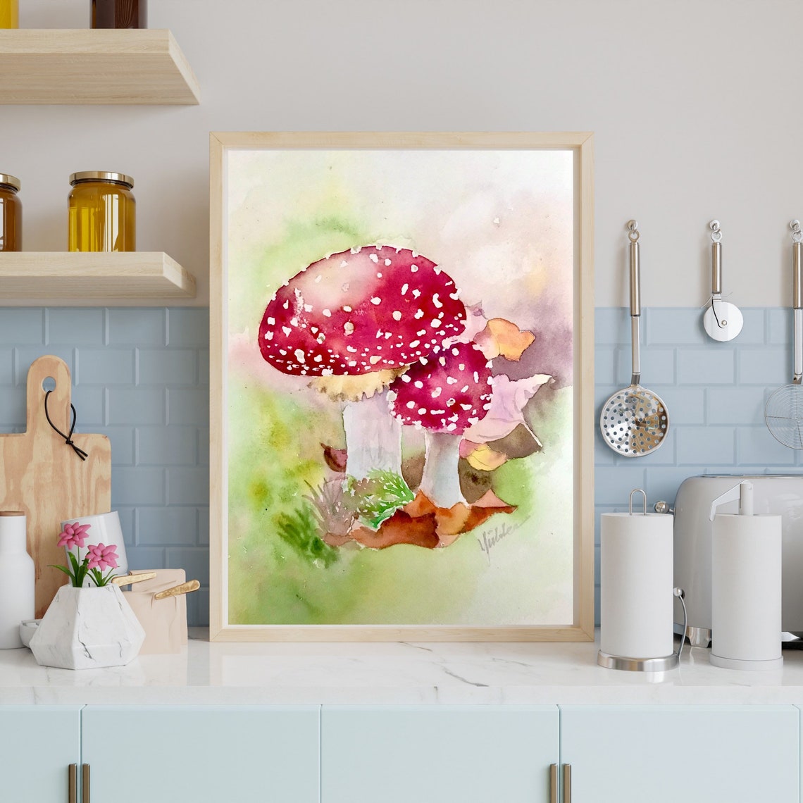 Red Fly Agaric Mushrooms in a Whimsical Nature Watercolor Poster