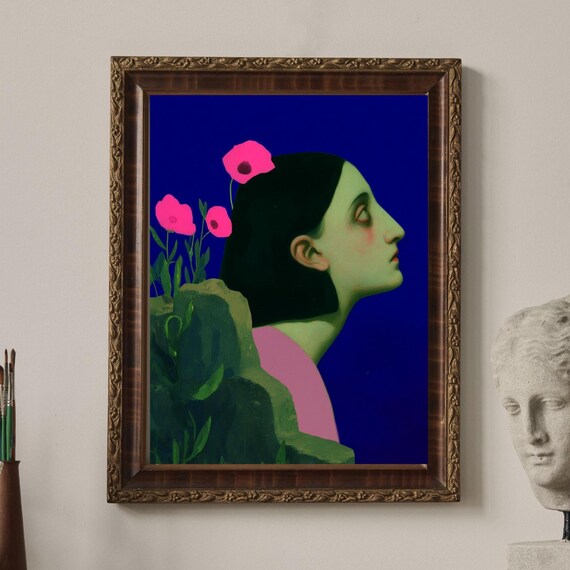Art Nouveau Woman Profile Pink Poppies Cobalt Blue Poster Art