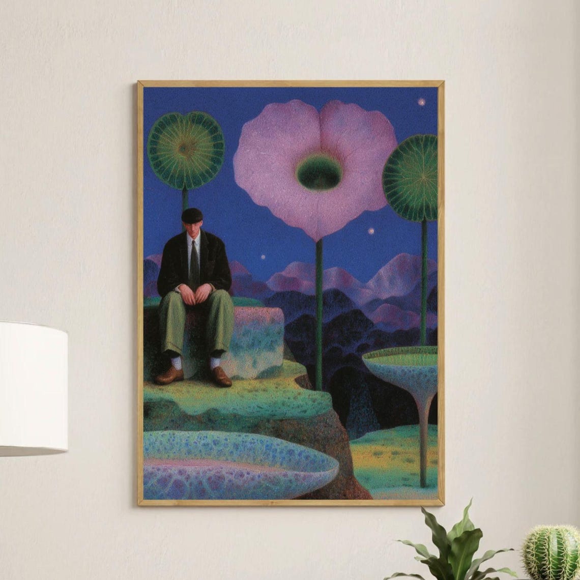 Man Under Giant Night Flowers Surreal Dream Landscape Art Poster