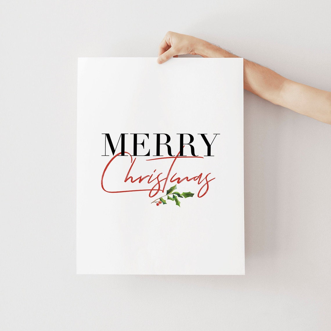 Merry Christmas Black Red Script Holly Minimalist Holiday Poster - Image 2