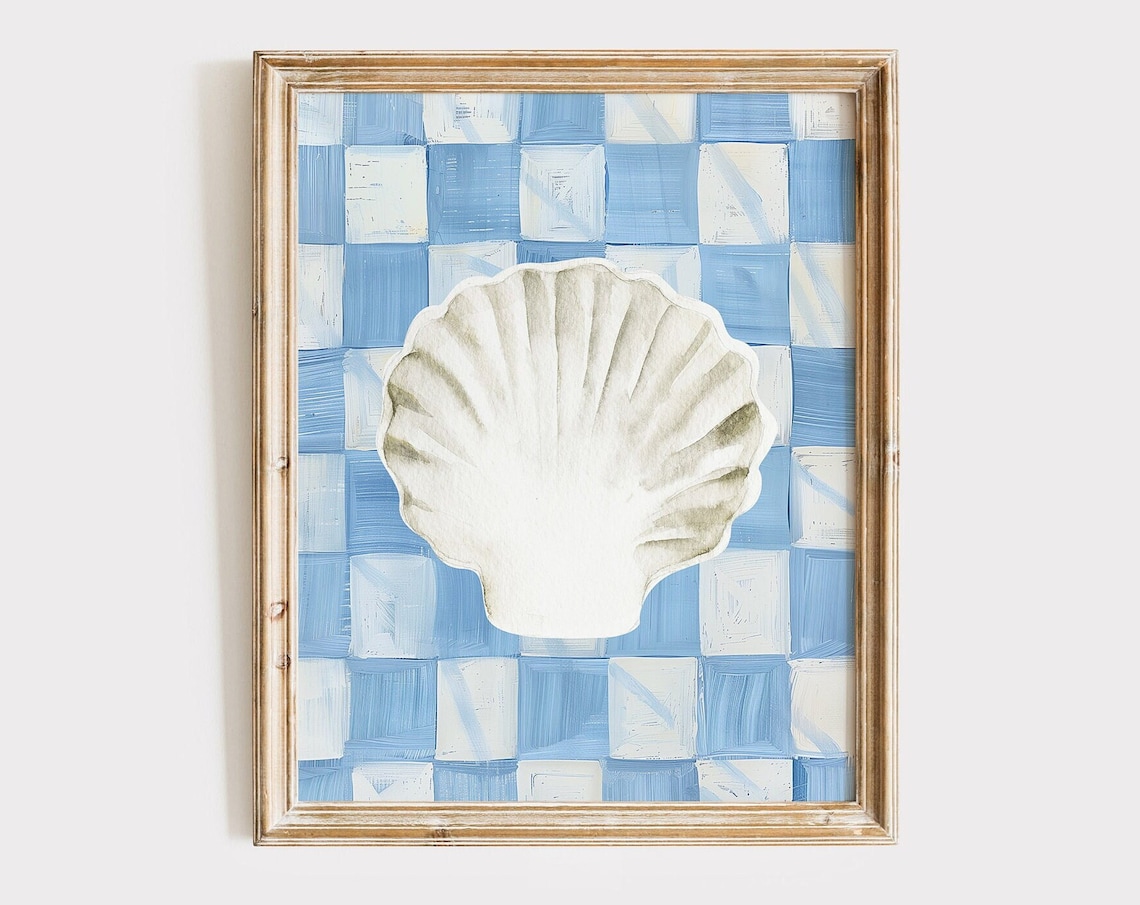 White Seashell Blue Gingham Check Coastal Watercolor Art Poster