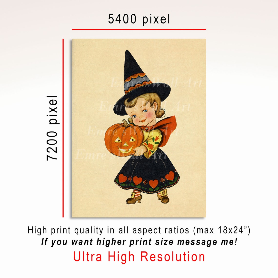 Cute Little Witch Girl Holding Jack O Lantern Vintage Halloween Poster - Image 3