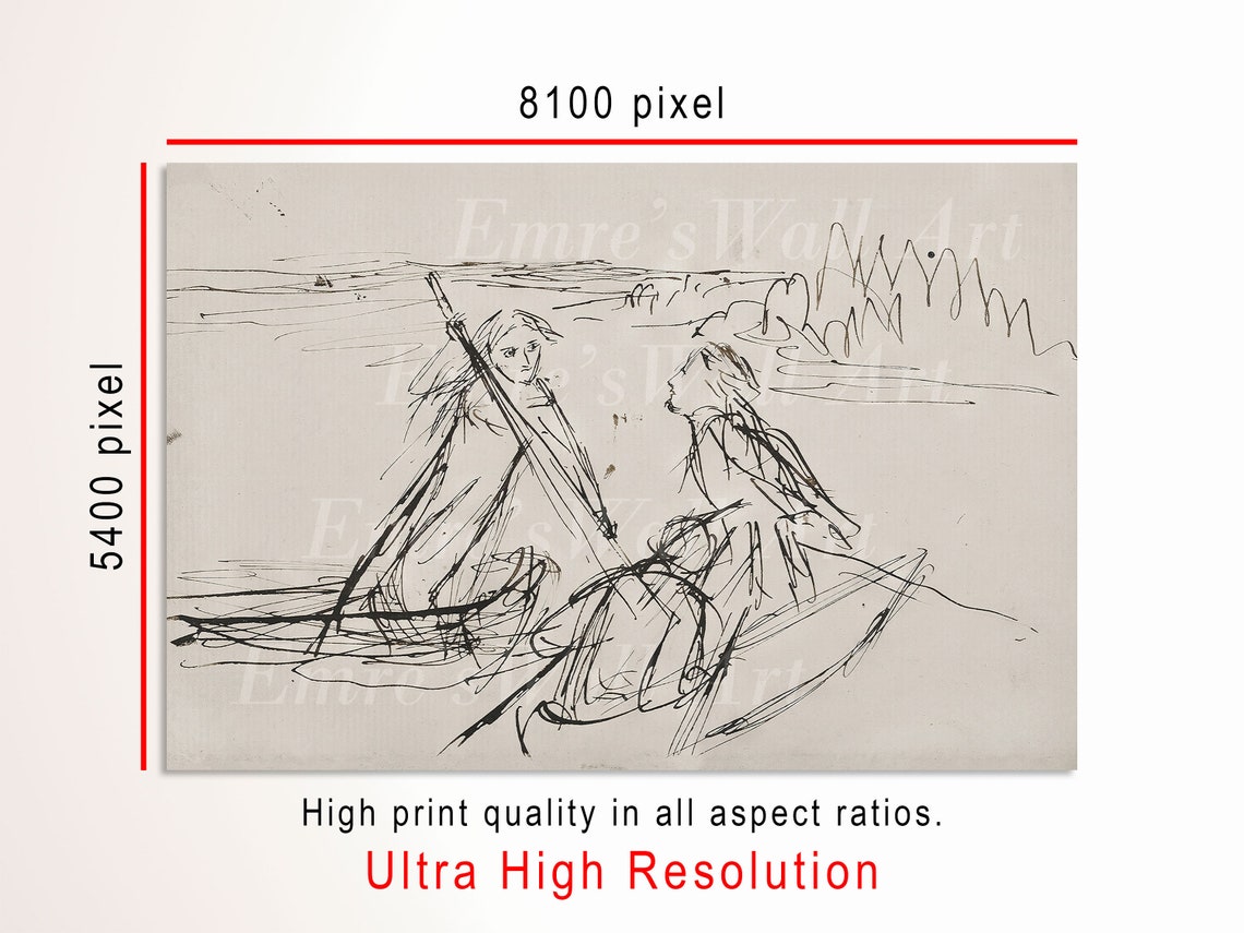 Minimalist Ink Sketch Two Women in Boat Line Drawing Fine Poster - Image 3