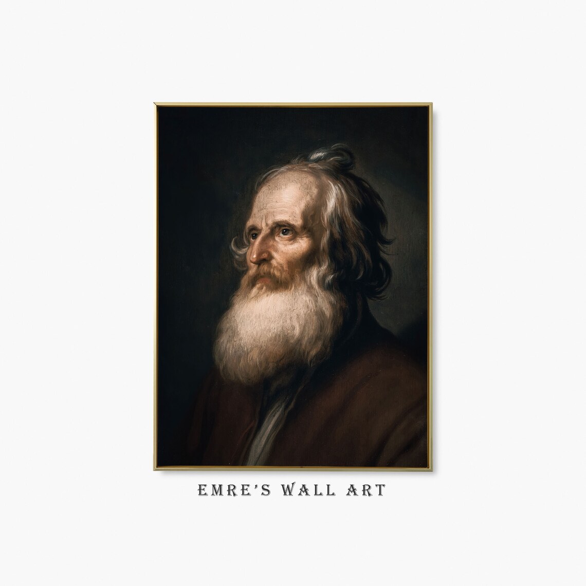 Bearded Elder Portrait Dark Antique Oil Painting Moody Wall Art