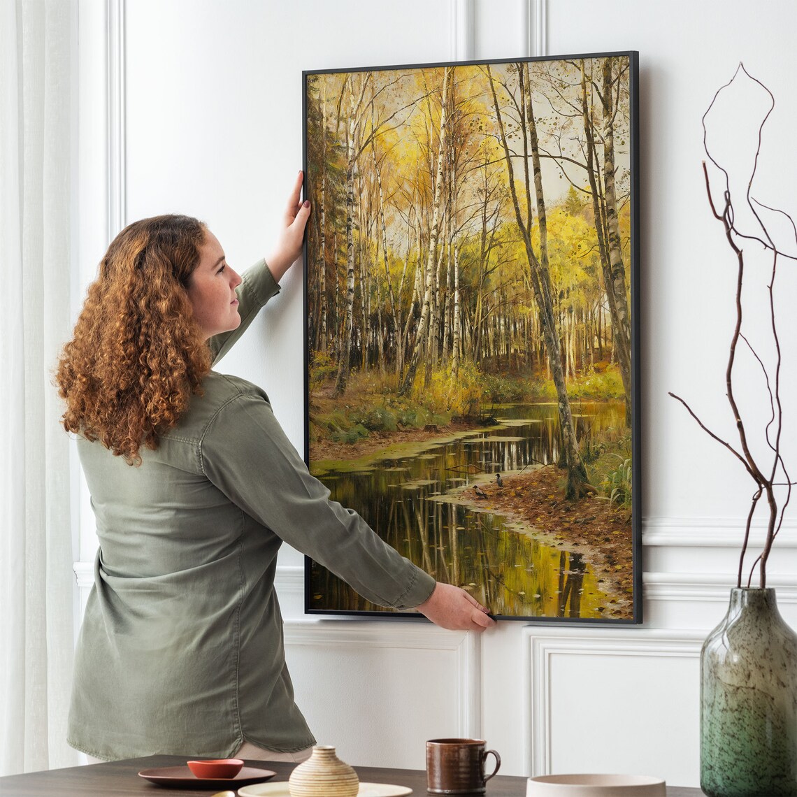 Golden Autumn Birch Forest Painting Pond Reflections Yellow Leaves Poster - Image 2