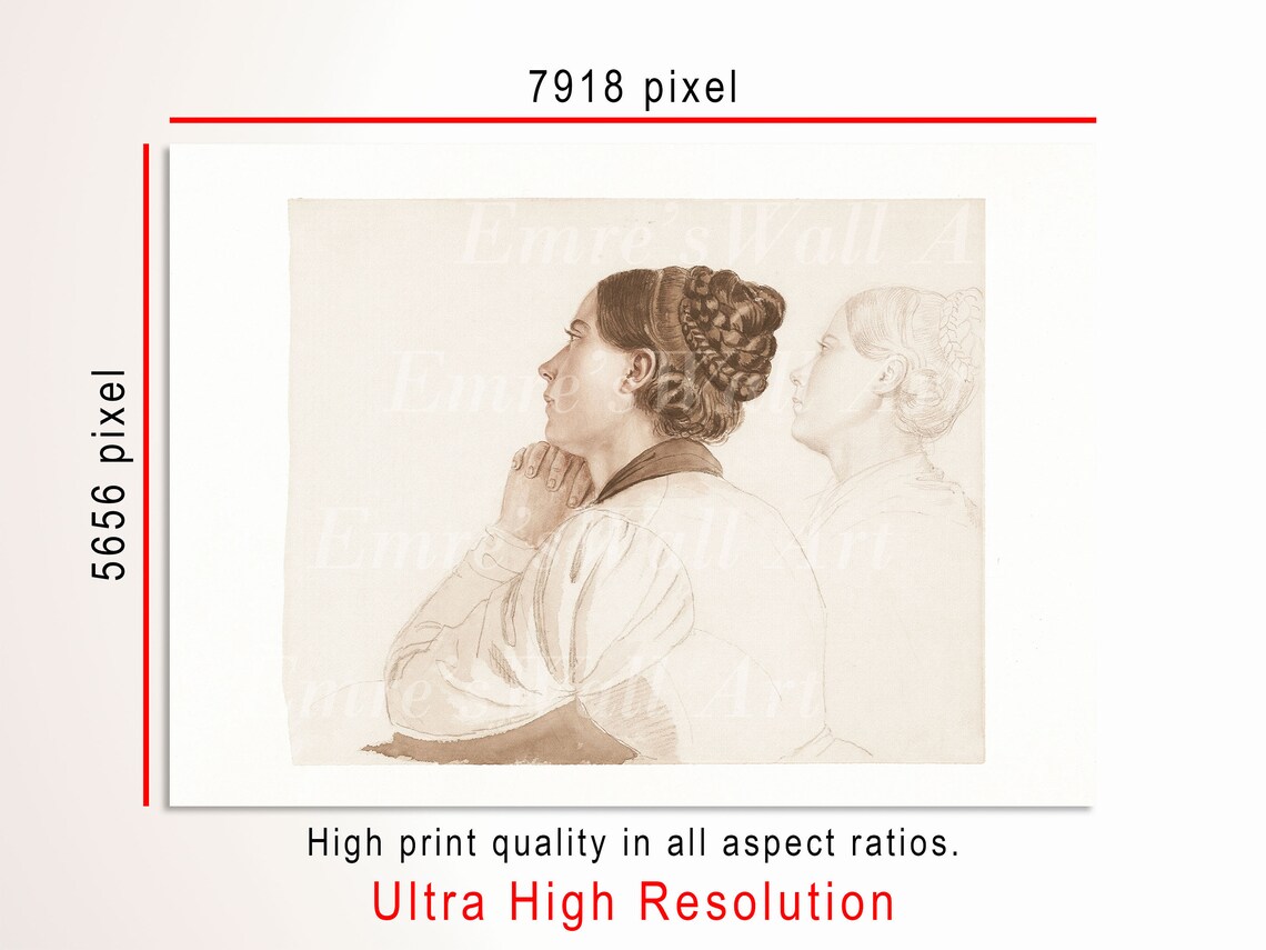 Antique Sepia Sketch of Two Women in Profile Vintage Drawing Poster - Image 4