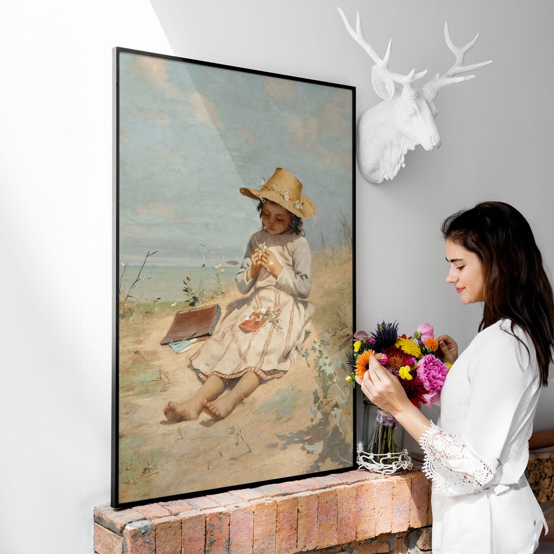 Vintage Girl in Straw Hat Seaside Beach Painting Flowers Summer Print - Image 4
