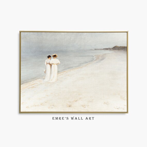 Two Women in White Dresses on Misty Beach Vintage Coastal Poster