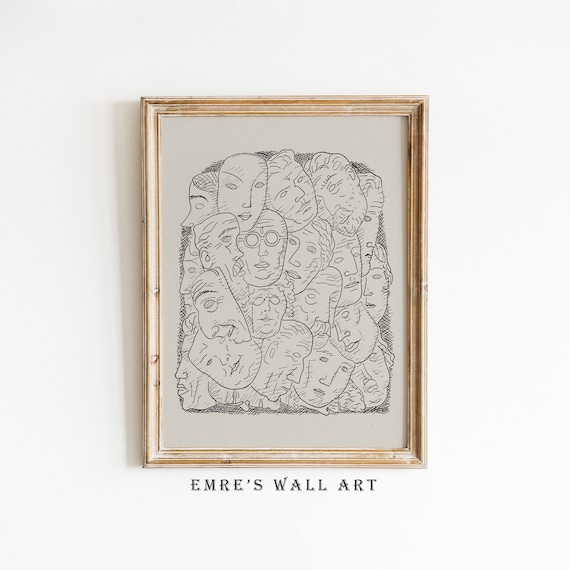 Overlapping Faces Line Drawing Vintage Abstract Sketch Art Poster