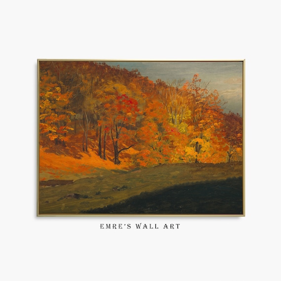 Golden Autumn Maple Hillside Painting Fiery Orange Fall Forest Wall Art