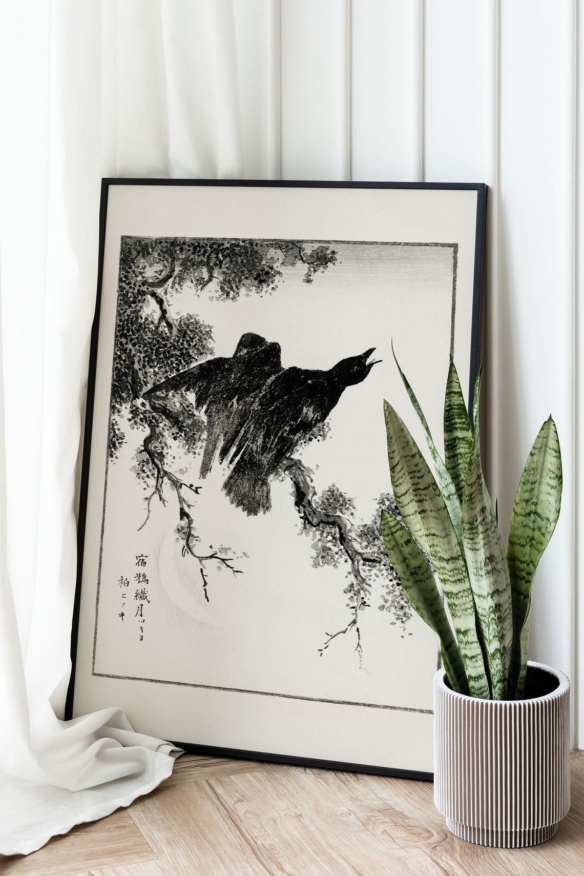 Black Crow on Moonlit Branch Japanese Ink Painting Bird Art Poster - Image 2
