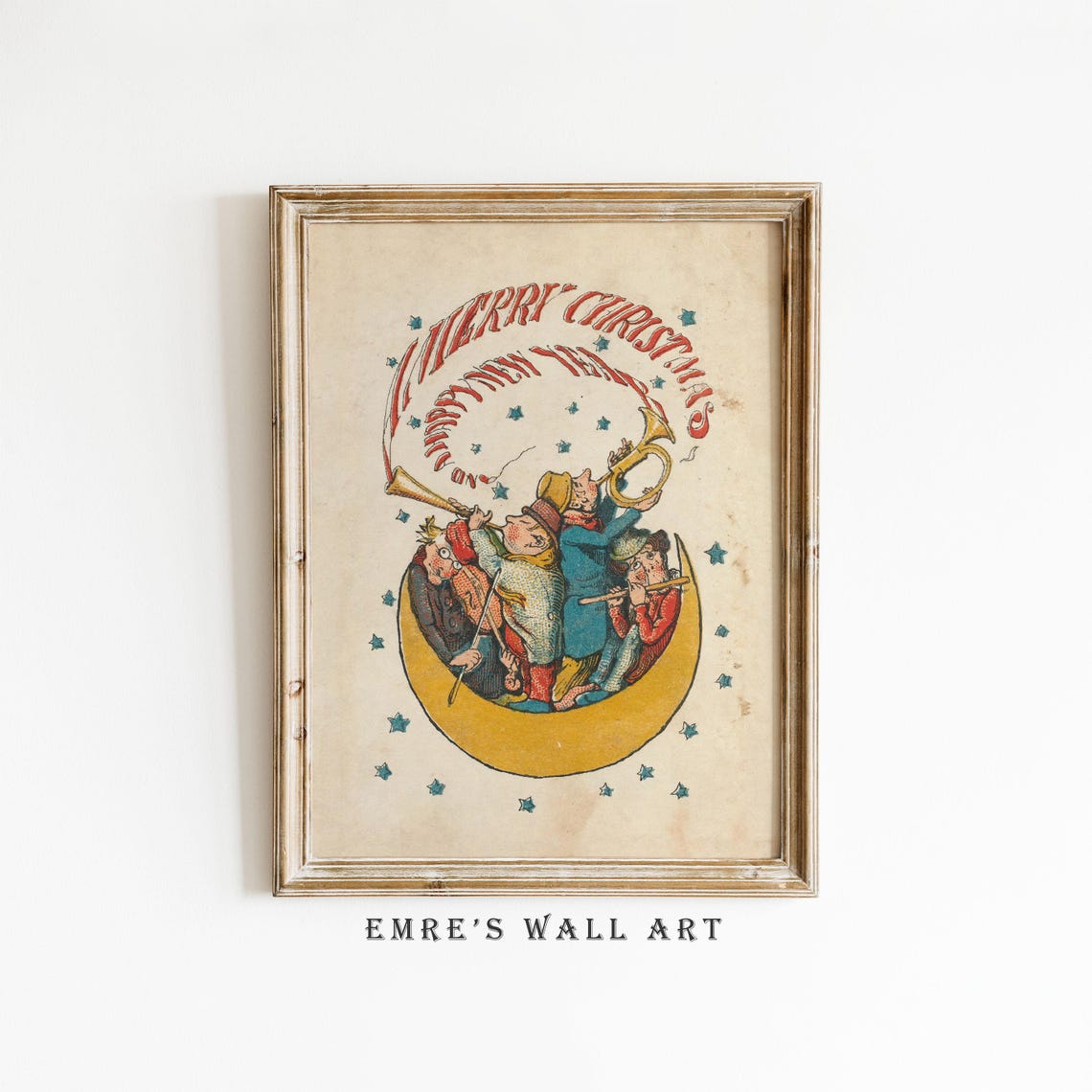 A Merry Christmas Crescent Moon Musicians Vintage Holiday Card Poster