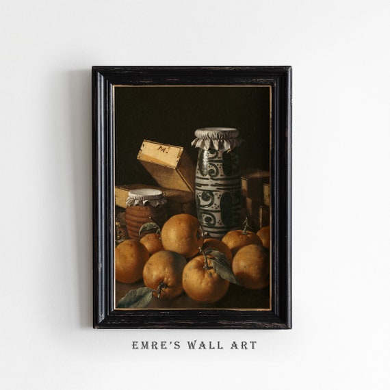 Orange Still Life Oil Painting Country Fruit Print Vintage Rustic Kitchen Decor Antique Moody Art