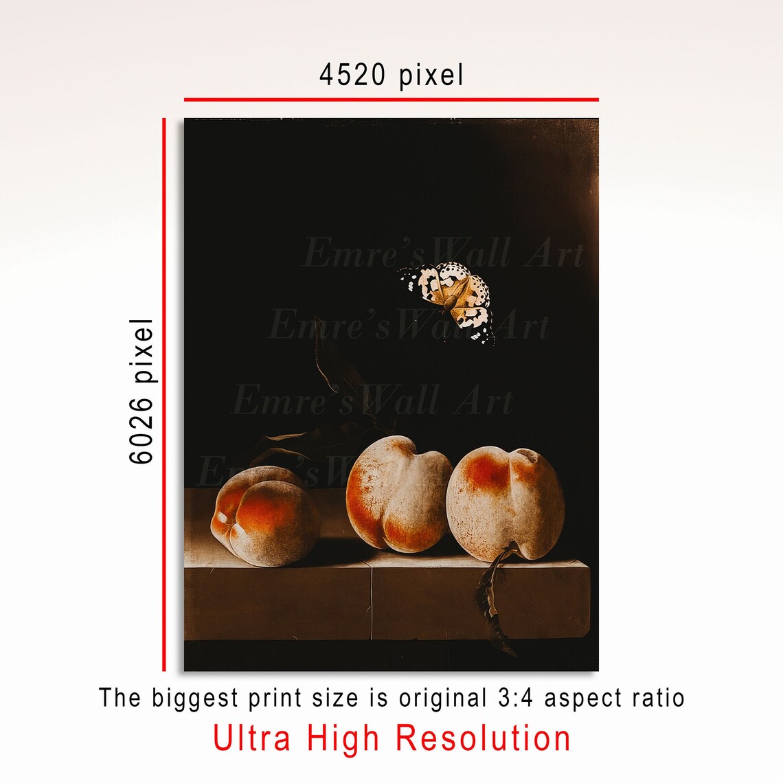 Three Peaches Butterfly Dark Moody Baroque Still Life Painting Poster - Image 3