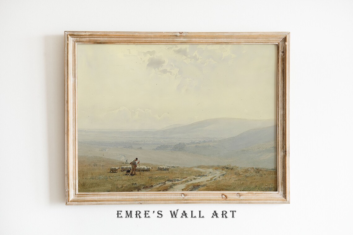 Shepherd With Flock On Misty Moor Vintage Pastoral Painting Poster - Image 2