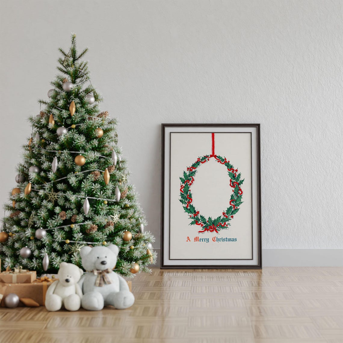 A Merry Christmas Holly Wreath Red Ribbon Vintage Holiday Wall Art - Image 2
