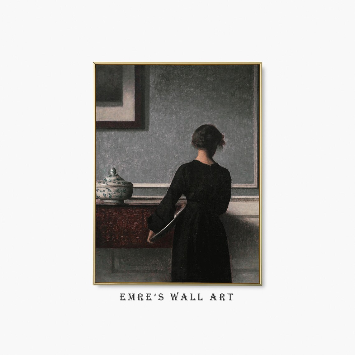 Woman in Black Dress Seen from Behind Grey Interior Vintage Poster