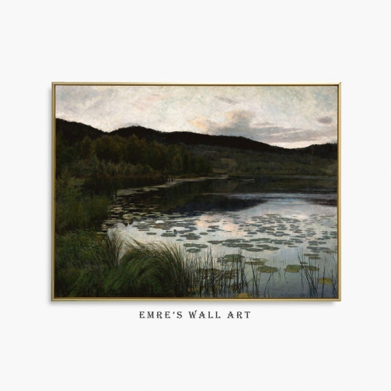 Lake Oil Painting Print Vintage Lake House Wall Art Rustic Nature Art Print Antique Landscape Home Decor Oil Painting Print