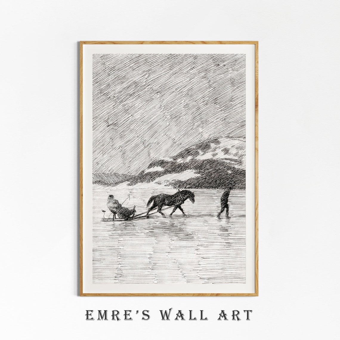 Horse Drawn Sled Crossing Winter Ice Pen Ink Sketch Fine Poster - Image 3