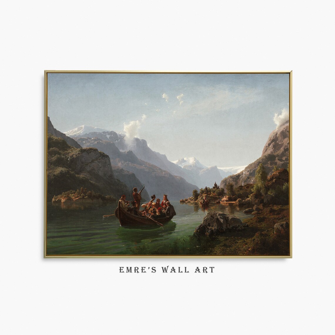Vintage Fjord Landscape Painting Boat People Snowy Mountains Lake Poster