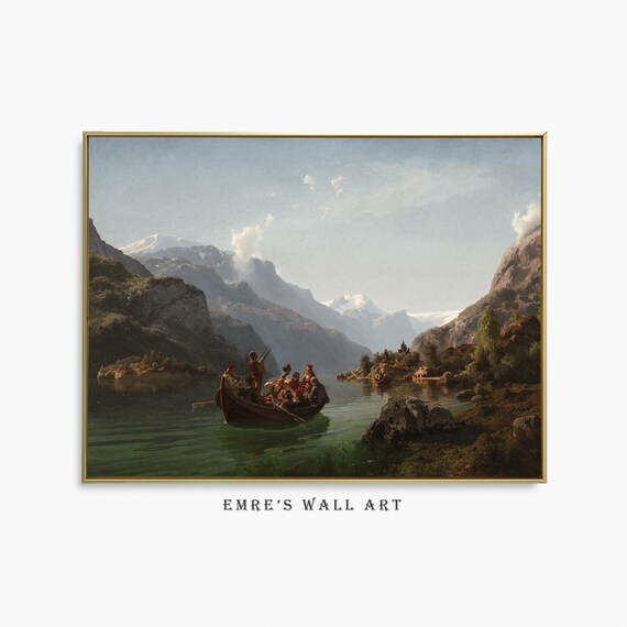 Vintage Fjord Landscape Painting Boat People Snowy Mountains Lake Poster