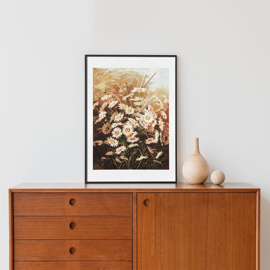 White Daisies and Wheat Vintage Golden Still Life Floral Poster - Image 4