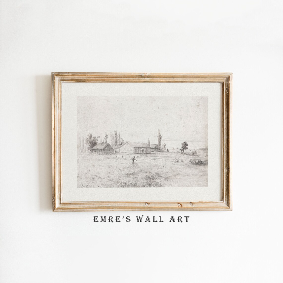 Vintage Farmhouse Landscape Sketch Art Print