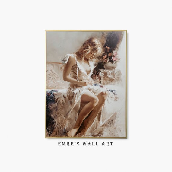 Woman In White Dress Sewing Vintage Elegant Portrait Painting Poster
