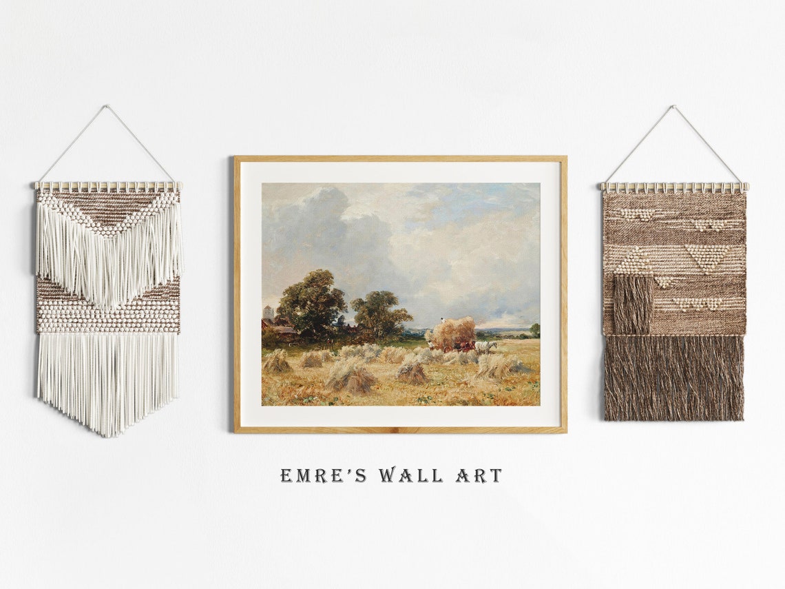 Vintage Hay Field Painting Harvest Oil Painting Landscape Farmhouse Wall Art Print Hay Field Landscape Print Vintage Country Farmhouse - Image 2