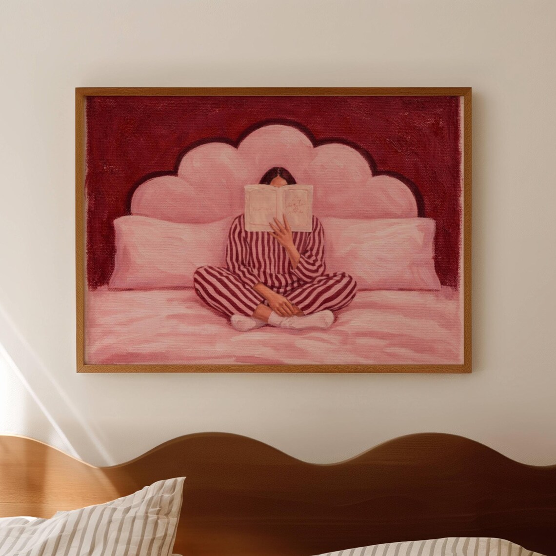 Woman Reading In Bed, Mid-Century Retro Art Print