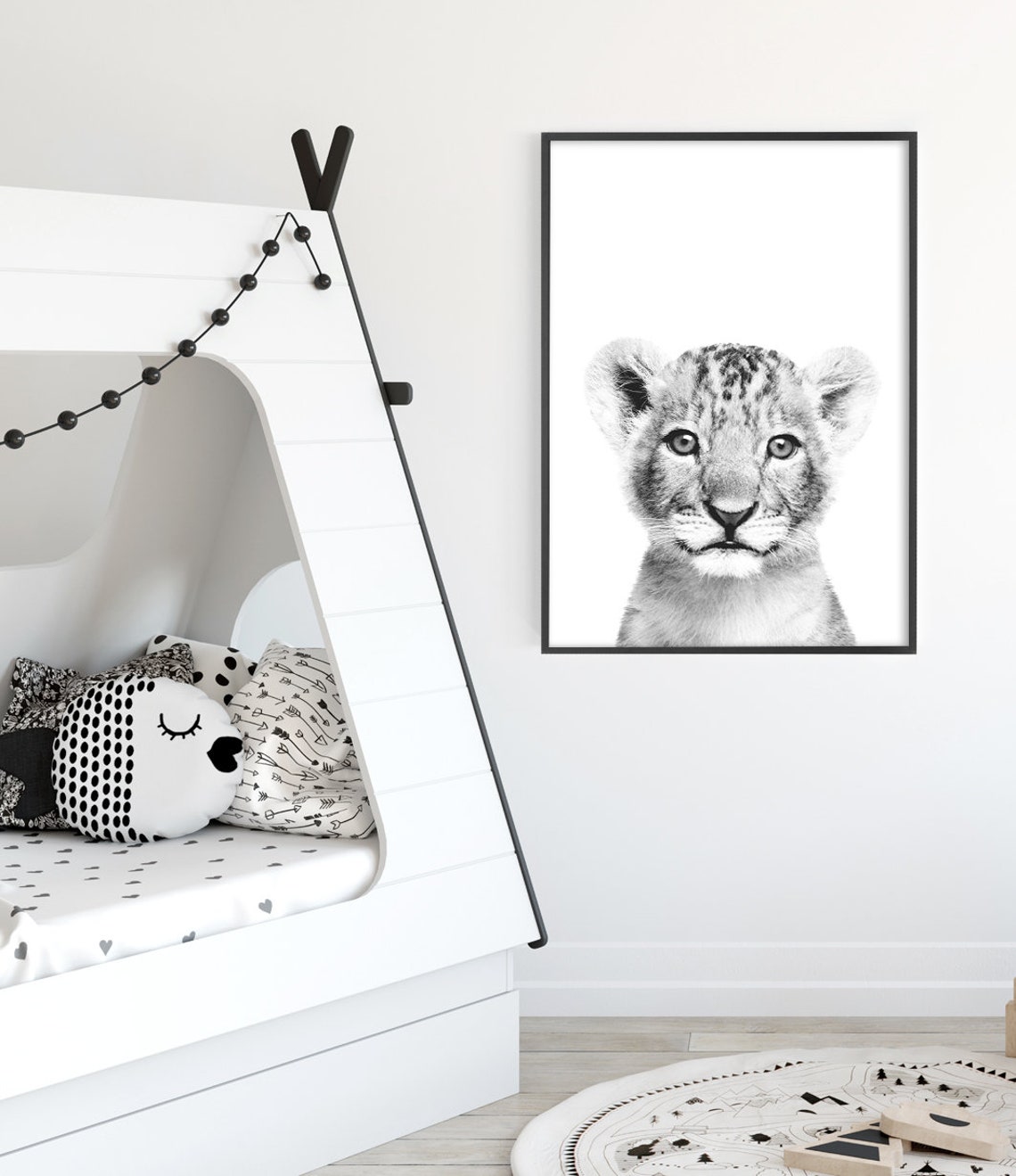 Black And White Lion Cub Baby Close Up Nursery Kids Safari Art Print - Image 3