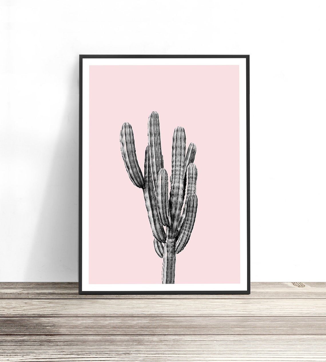 Blush Pink Background Cactus Black And White Desert Wall Art Poster