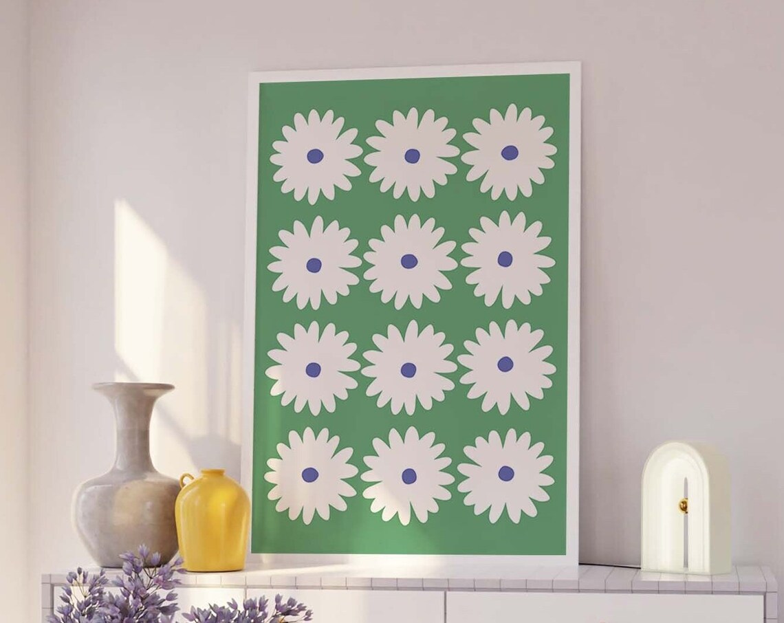 White Daisy Grid Fresh Green Background Retro Floral Art Poster