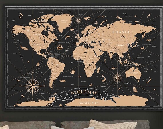 Vintage World Map Black Gold Compass Travel Wall Decor Poster