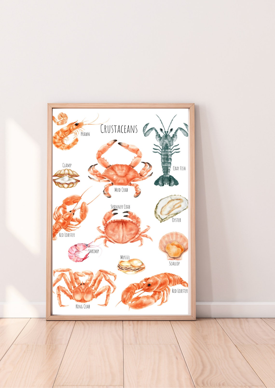 Watercolor Crustaceans Chart Crab Lobster Shrimp Oyster Art Poster