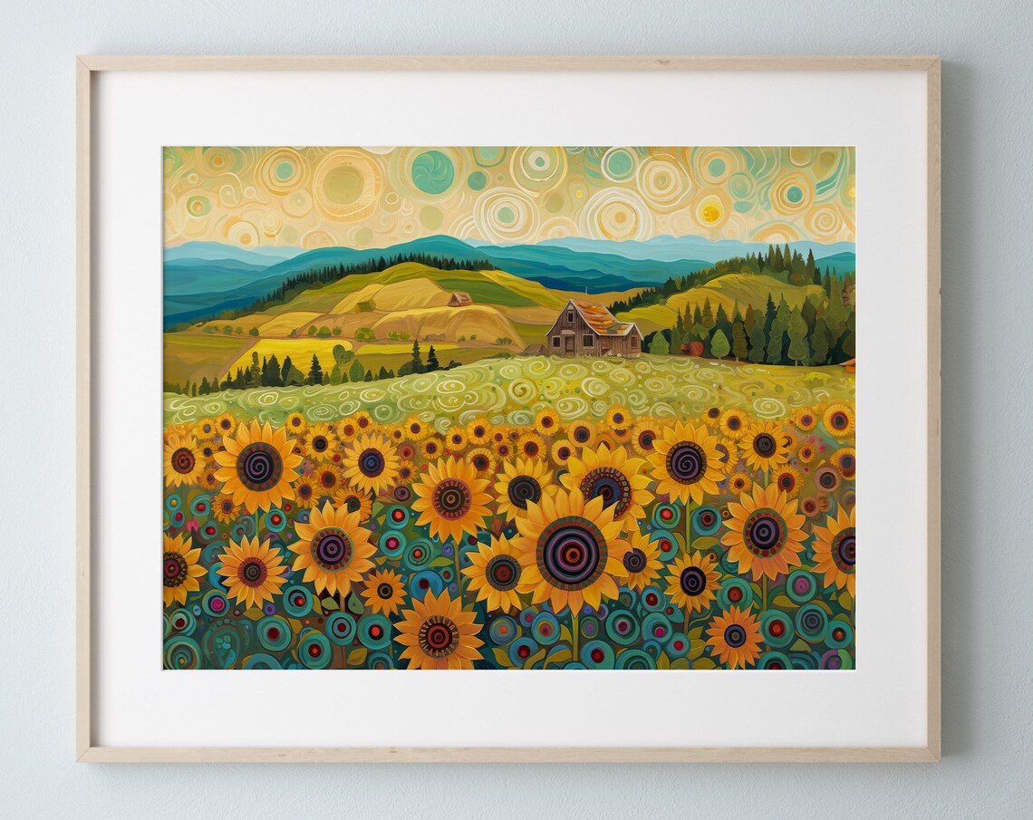 Beautiful Sunflower Field Farmhouse Rolling Hills Rustic Art Poster
