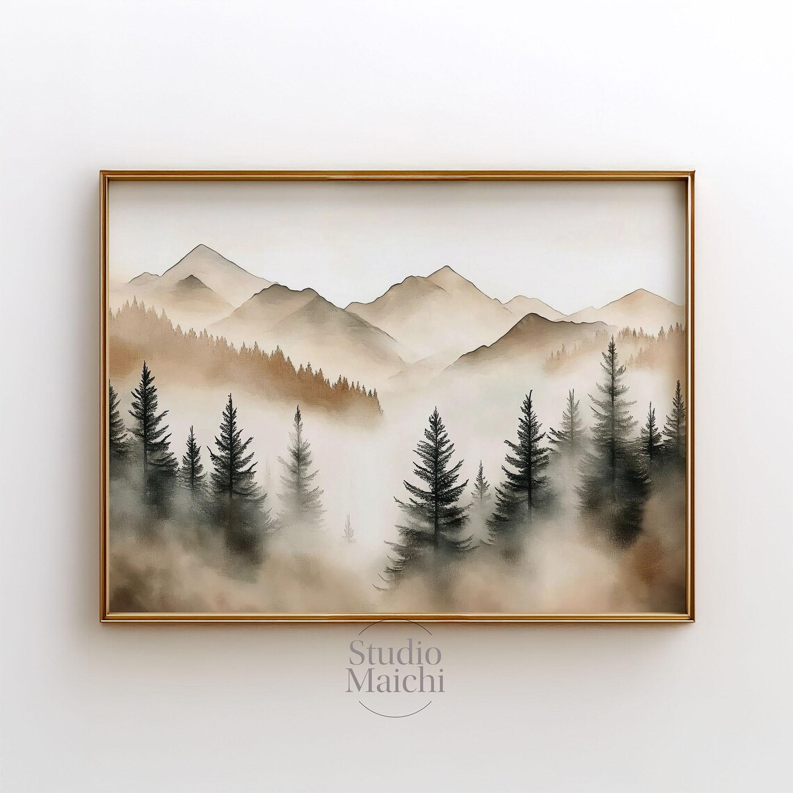 Misty Mountain and Pine Forest Beige Watercolor Landscape Art Poster