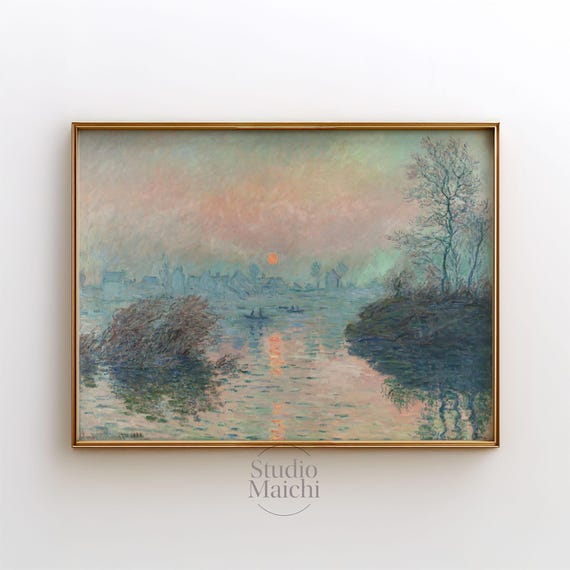 Claude Monet Sun Setting Impressionist Landscape Print Vintage Oil Painting Large Wall Art Farmhouse Decor Wall Art