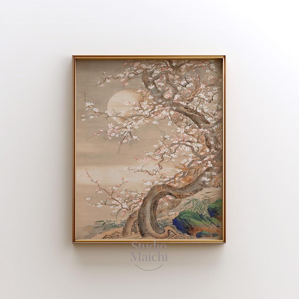 Vintage Japanese Cherry Blossom Tree Moonlight Nature Poster